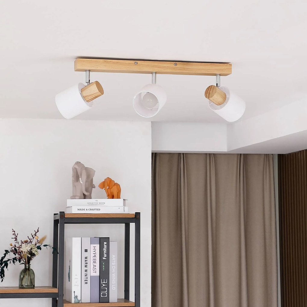Lindby Wanessa, faretto da soffitto, 47 cm, a 3 luci, bianco, legno, E14 Wanessa Lindby, dimmerabile, Legno chiaro, Soggiorno / Sala da pranzo, Legno, Moderno, Faretto