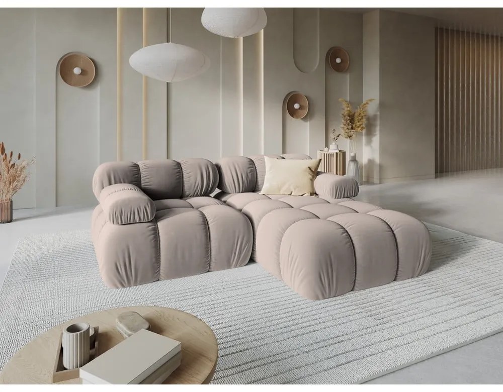 Divano angolare componibile in marrone chiaro (con penisola a destra) con rivestimento in velluto Bellis – Micadoni