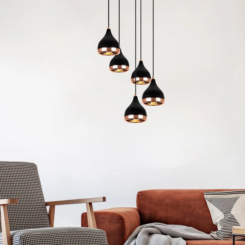 Opviq Lampada a sospensione Yildo 7005 nero/rame metallo a 5 luci rotonda