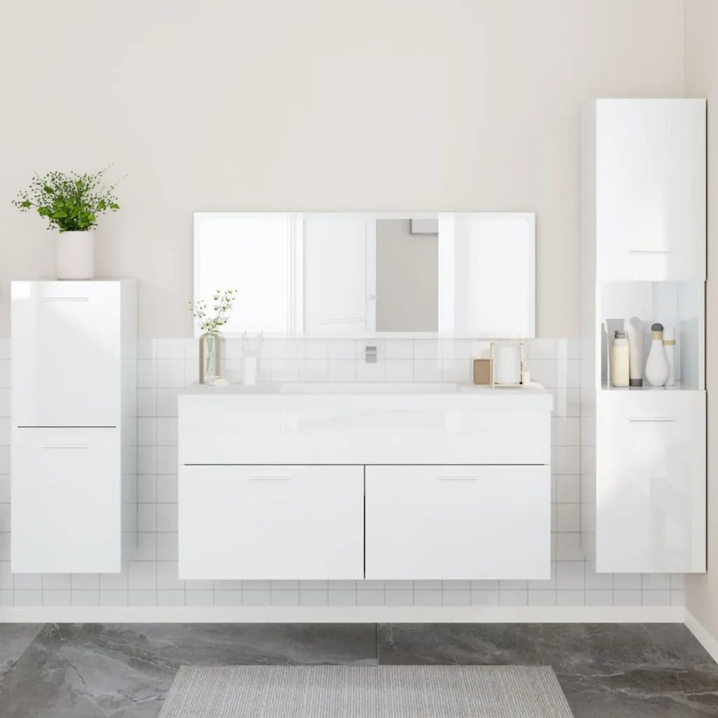 Set Mobili Da Bagno 4 Pz Bianco Lucido İn Legno Multistrato /