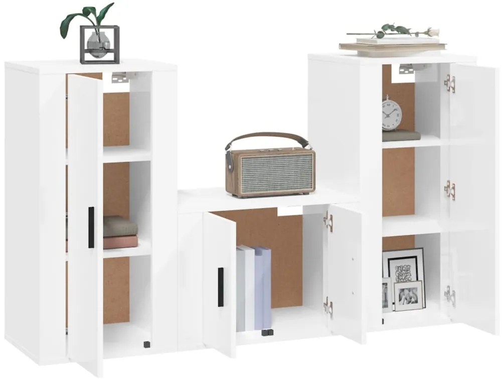 Set mobili porta tv 3 pz bianco lucido in legno multistrato