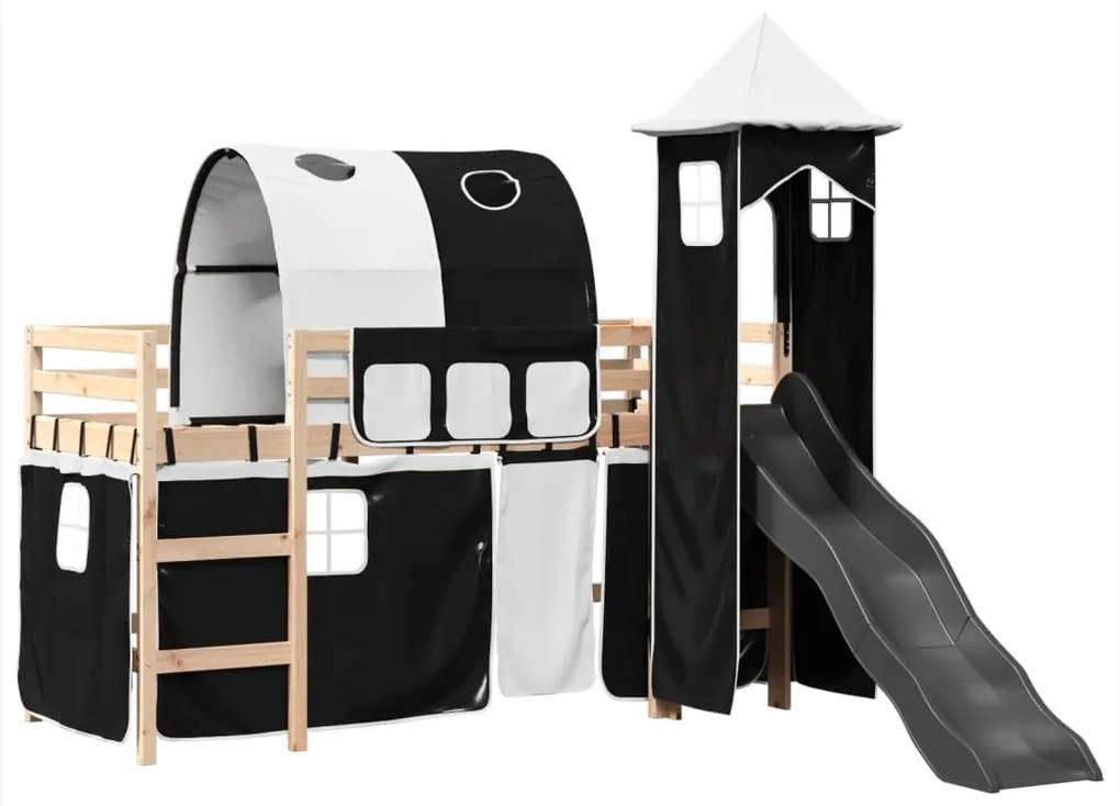 Letto a soppalco con torre bambini bianco e nero 80x200cm pino