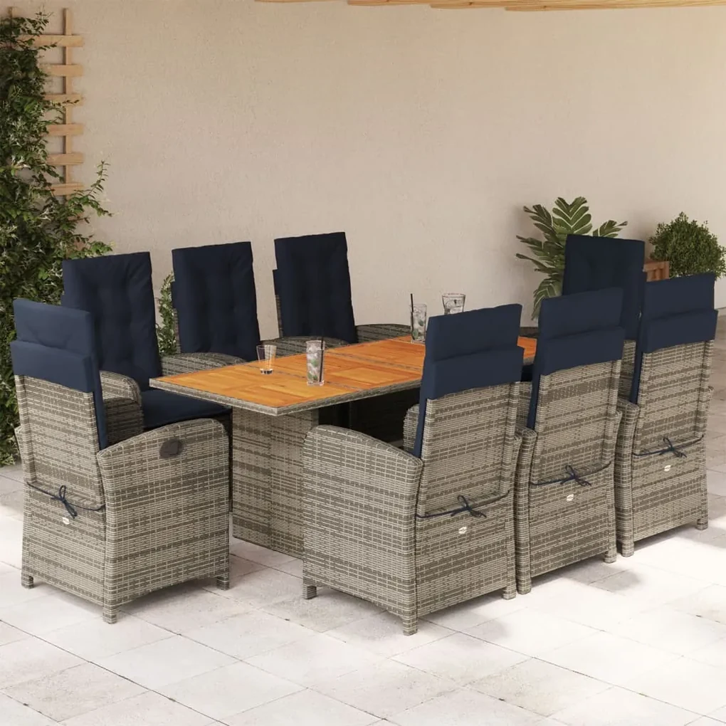 Set da pranzo da giardino 9 pz con cuscini beige in polyrattan