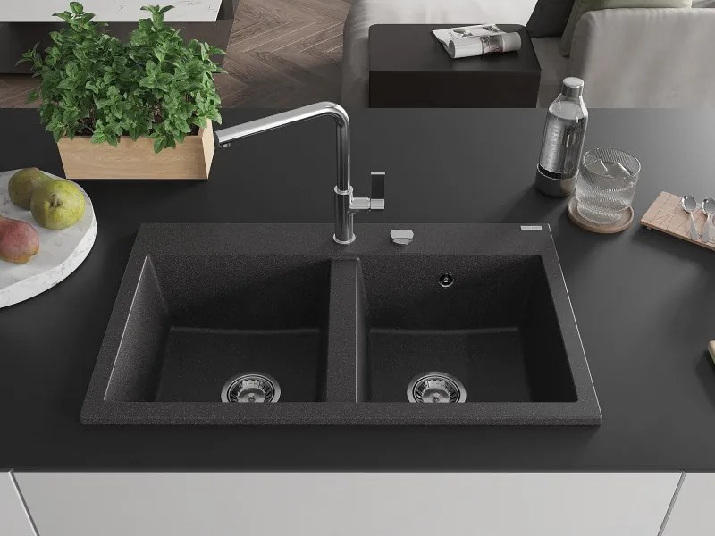 Mexen Hektor lavello da cucina in granito a 2 vasche 800 x 480 mm, nero punteggiato, sifone cromato - 6521802000-76