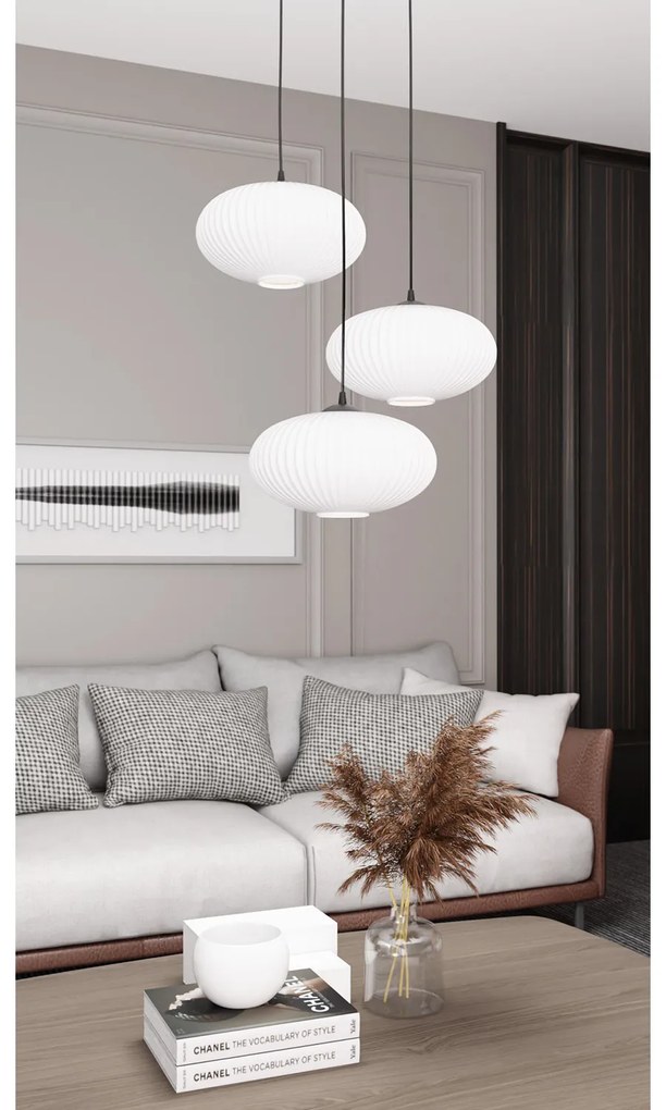Lampadario 3 Luci Iris Base Tonda In Acciaio Nero Paralume Plissettato Bianco