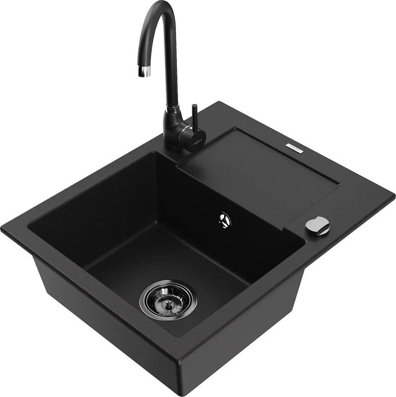 Mexen Enzo lavello in granito a 1 vasca con sgocciolatoio e rubinetto da cucina Telma, nero - 6506-77-670200-70-B
