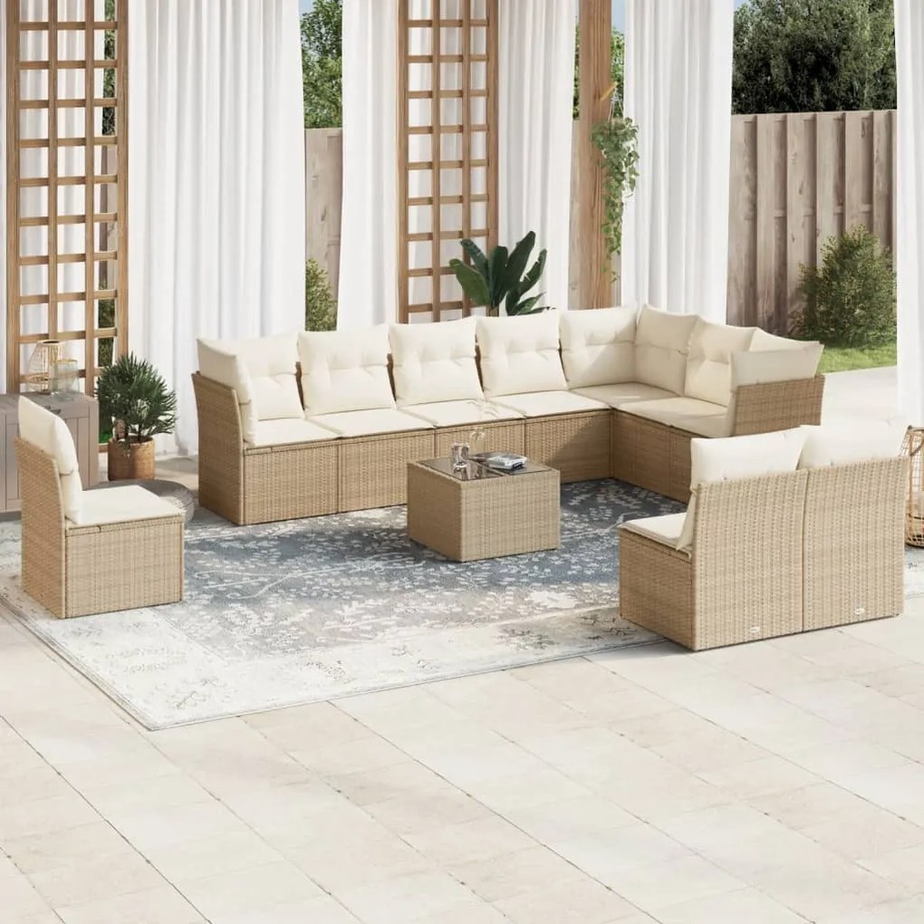 Set Divani da Giardino 11 pz con Cuscini Beige in Polyrattan