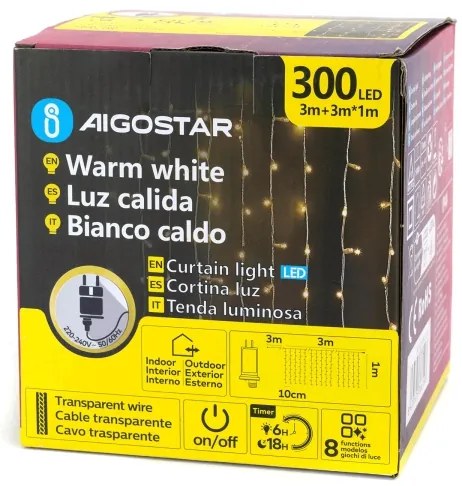 Aigostar - Catena natalizia LED per esterni 300xLED/6W/230V/8 funzioni 3x1m IP44 bianco caldo+telecomando