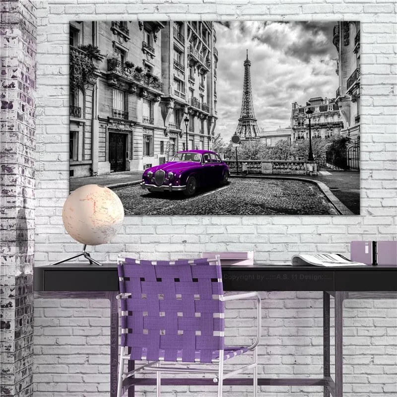 Quadro Car in Paris (1 Part) Violet Wide  Colore Viola, Dimensioni e Misure 90x60