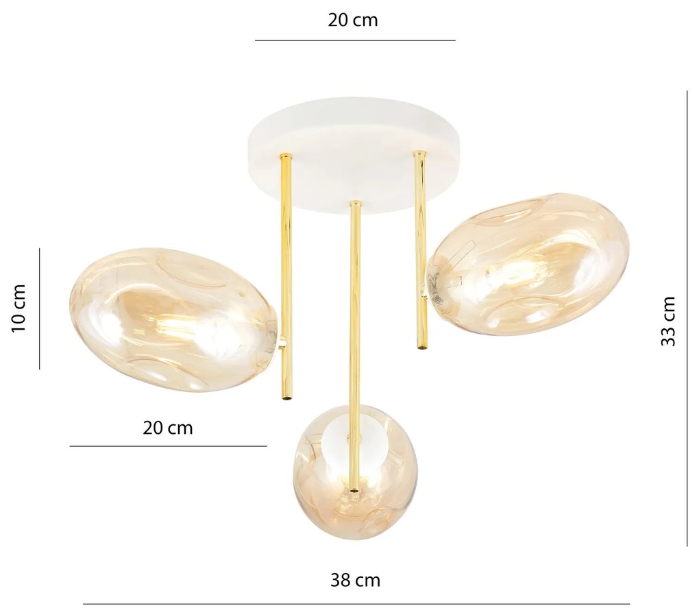 Plafoniera Contemporanea Argo 3 Luci In Acciaio Bianco Oro E Vetro Ambra