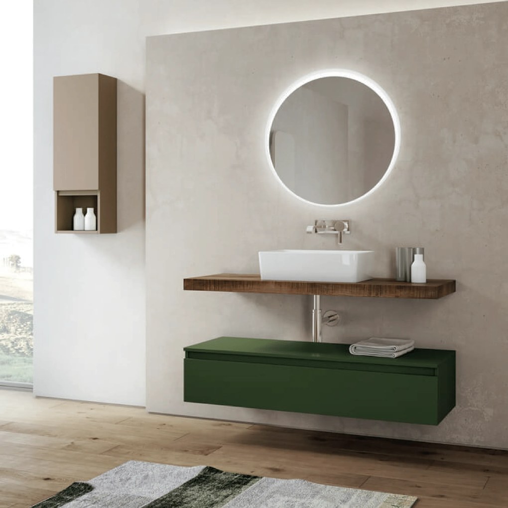 Mobile Bagno Sospeso 120 Cm Un Cassetto Mensolone Top Specchio Con Illuminazione Led Savini "Ninfa"