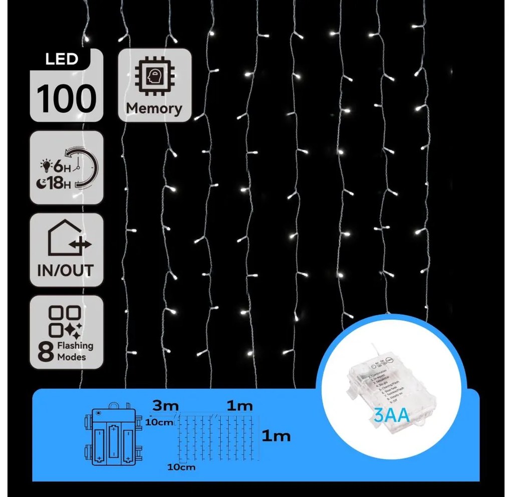 Aigostar-Catena LED natalizia da esterno 100xLED/8 funzioni 3xAA 4x1m IP44 bianco freddo