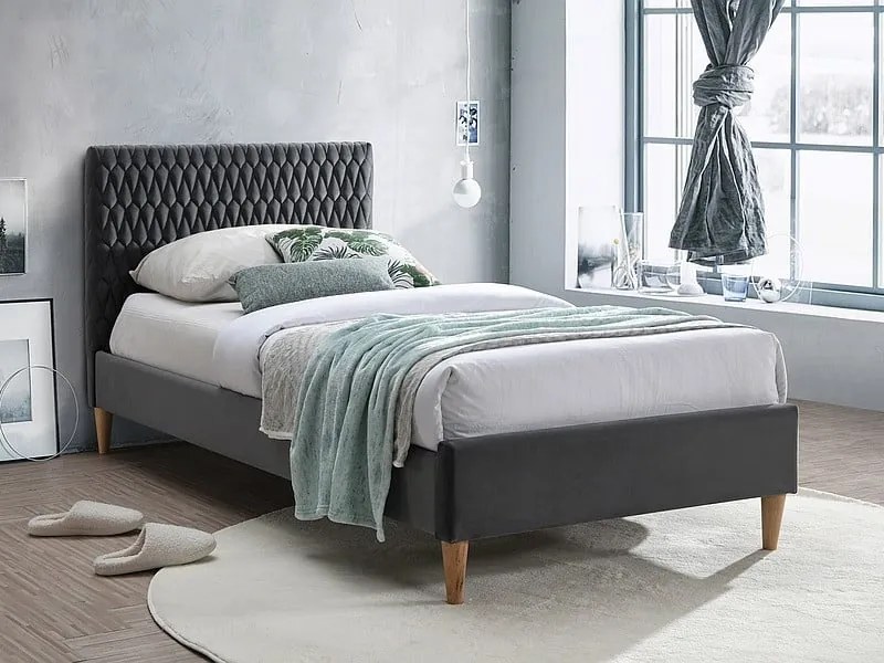 Letto Azurro imbottito in velluto grigio - Blu14 - 90x200 cm