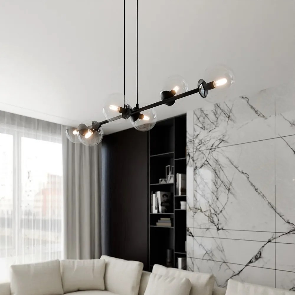 Lampadario a Sospensione in Acciaio e Vetro ROSSI 6 Nero 6xE14 Colore delle Sfere Trasparente