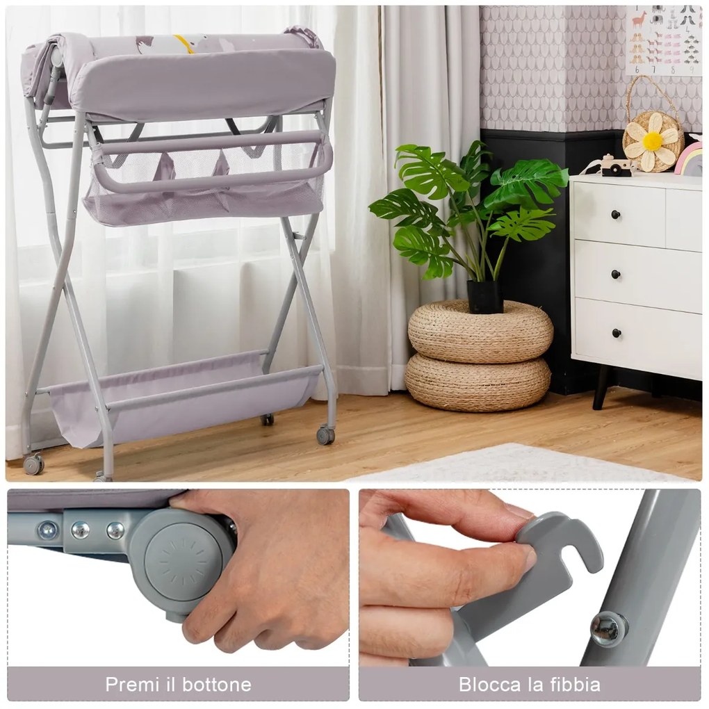 Costway Fasciatoio pieghevole per bambini con cesto ampio e mensola, Organizer nursery con ruote bloccabili Grigio