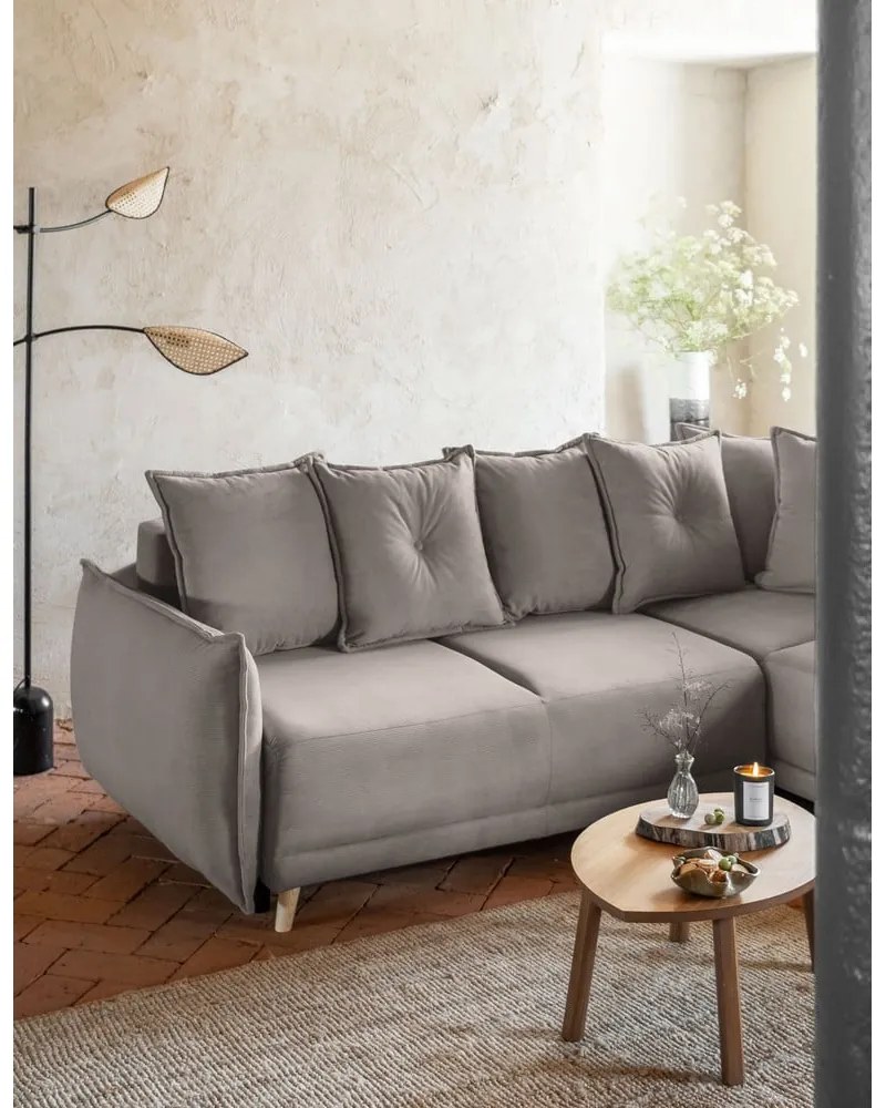 Divano letto in velluto a coste marrone chiaro (angolo destro) Lazy Lukka - Miuform