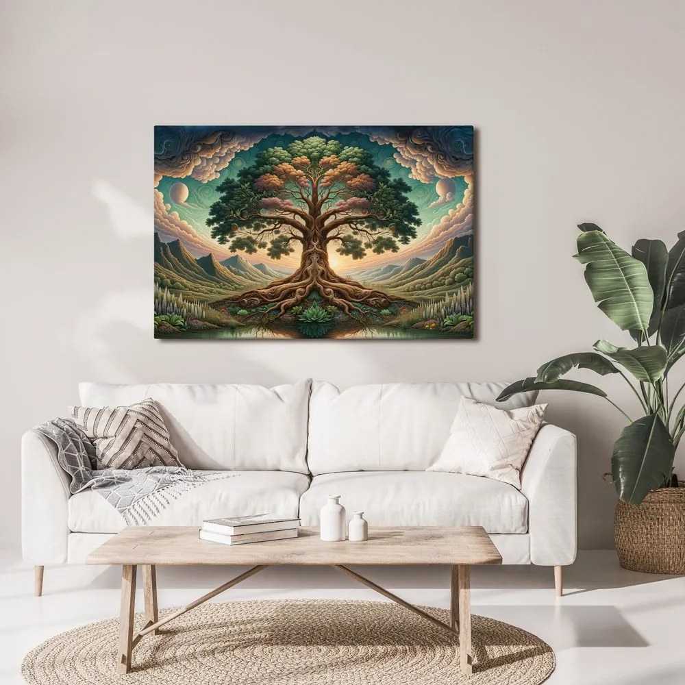 Quadro su tela – Maestoso albero della vita tra le montagne