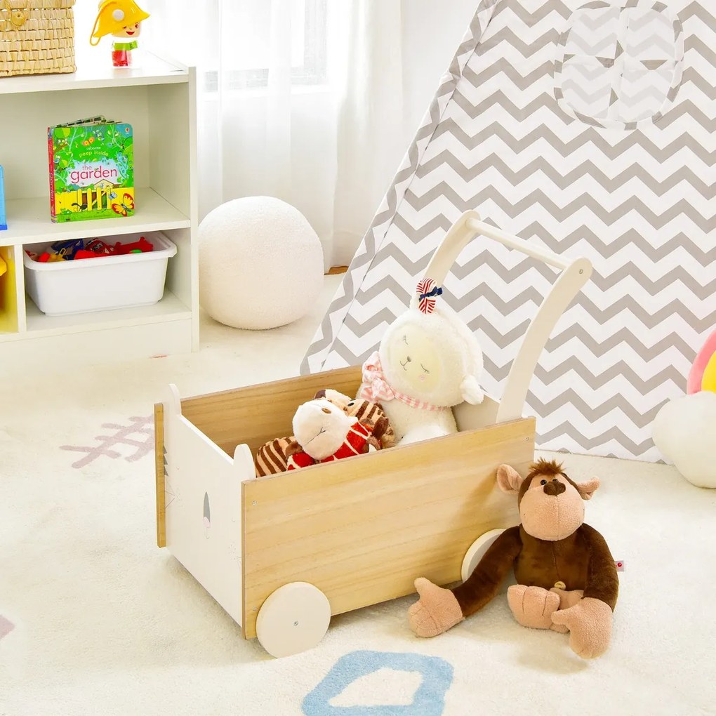 Costway Primi passi 2 in 1 a spinta con spazio per i giocattoli e ruote, Carrello giocattolo in legno per bambini Naturale