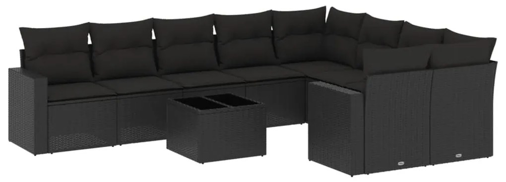 Set divani da giardino 10pz con cuscini in polyrattan nero