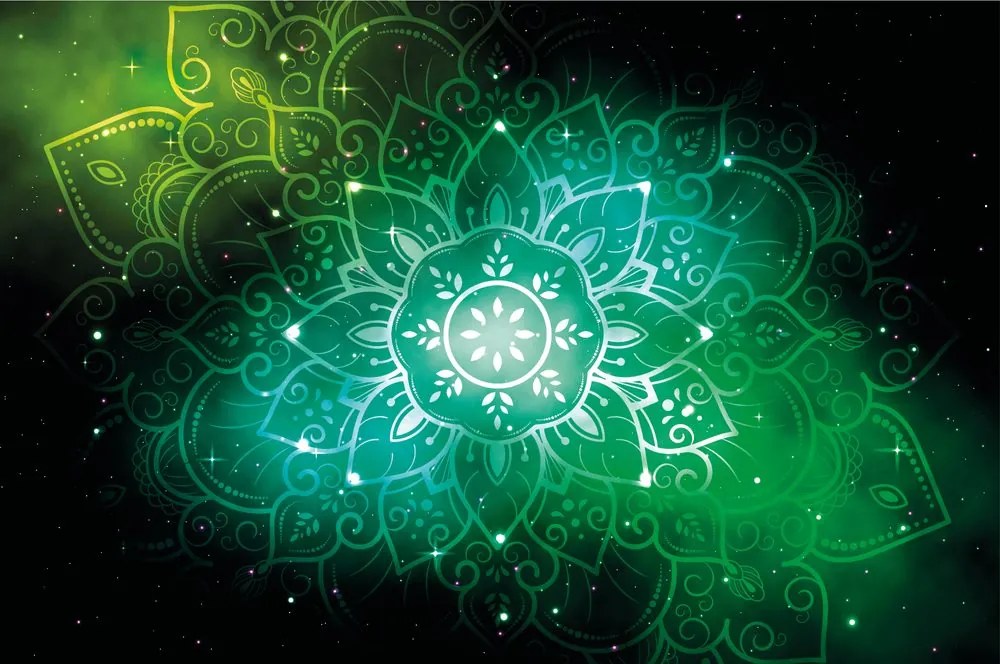 Carta da parati autoadesiva – Mandala verde con sfondo galattico