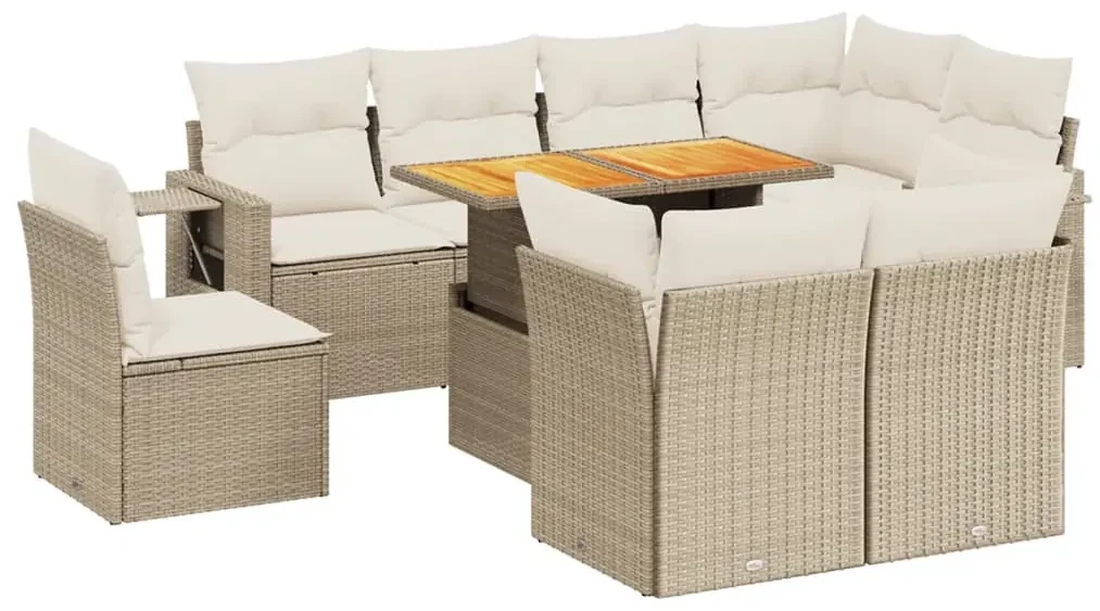 Set divano da giardino 9 pz con cuscini beige in polyrattan
