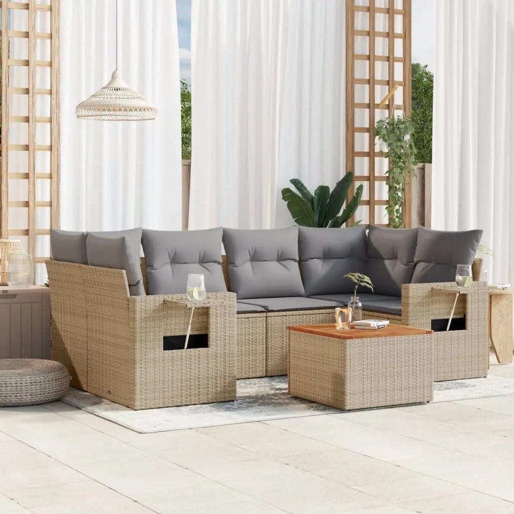 Set Divani da Giardino 7 pz con Cuscini Beige in Polyrattan