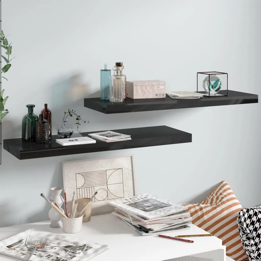 Scaffali A Parete 2 Pz Nero Lucido 80x23,5x3,8 Cm İn Mdf /