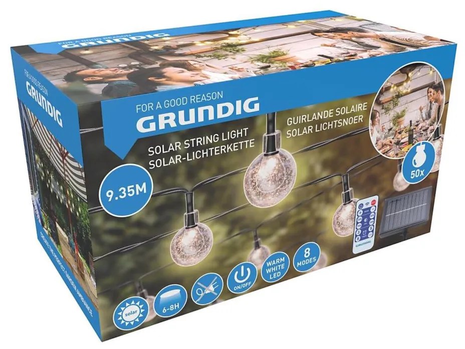 Grundig - Catena solare dimmerabile 50 LED/8 funzioni 9,35m bianco caldo + DO