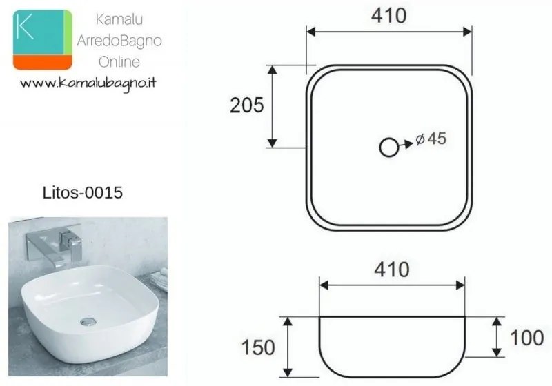 Kamalu - lavabo appoggio 41cm ceramica slim modello litos-0015
