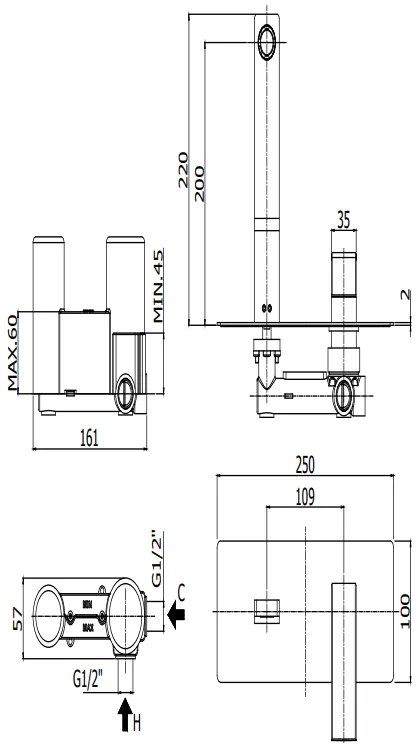 Paffoni Elle El106cr Miscelatore lavabo ad Incasso 2 Fori Piastra Rettangolare E Bocca 24 cm Cromo