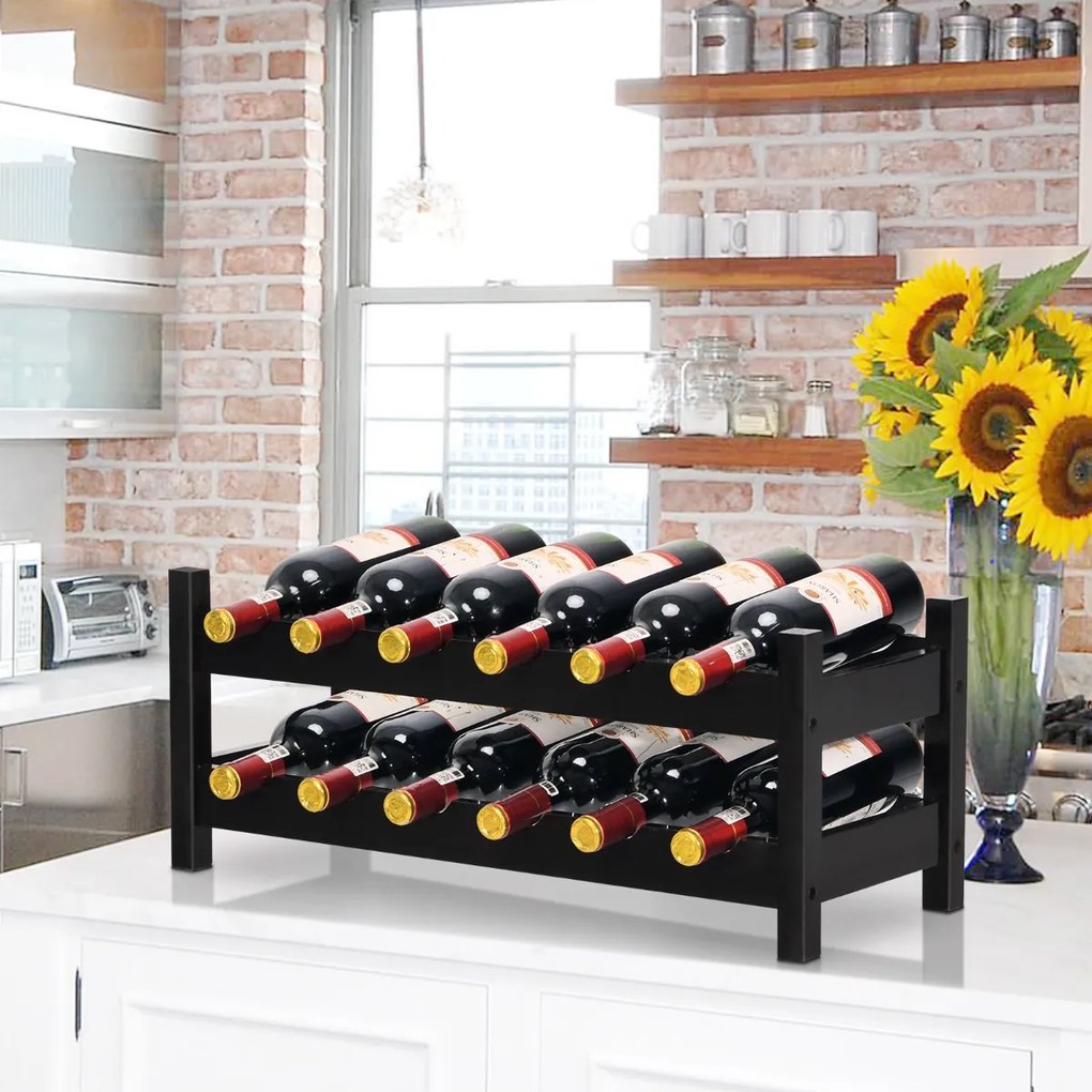 Costway Scaffale di bambù per vini per 12 bottiglie con 2 livelli, Porta bottiglie di vino per cucina e cantine 2 Colori