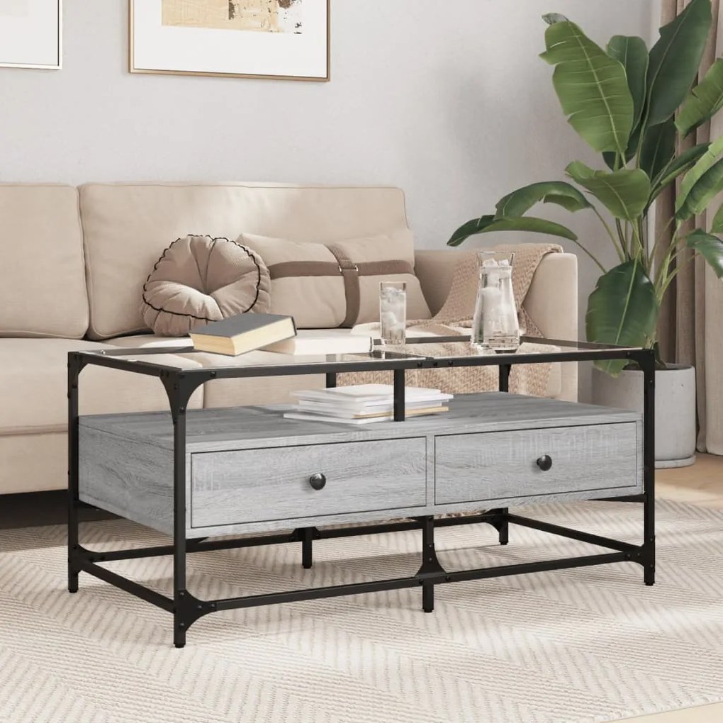 Tavolino Con Piano İn Vetro Grigio Cemento 98,5x50x45cm Acciaio /