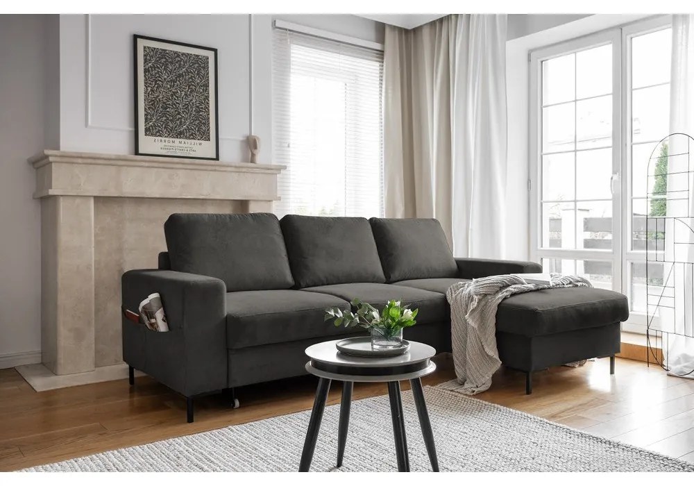 Divano letto angolare in velluto a coste grigio scuro (angolo destro) Lofty Lilly - Miuform