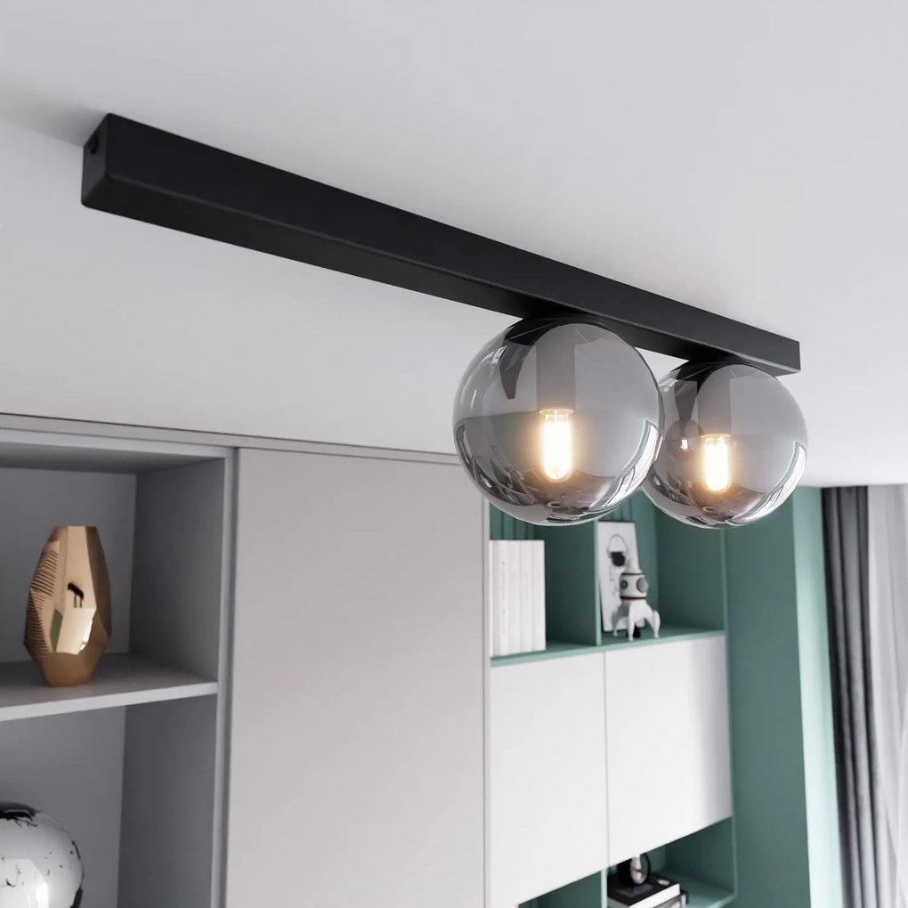 Plafoniera Moderna 2 Luci Giapeto Barra In Acciaio Nero E Sfere Di Vetro Fumè