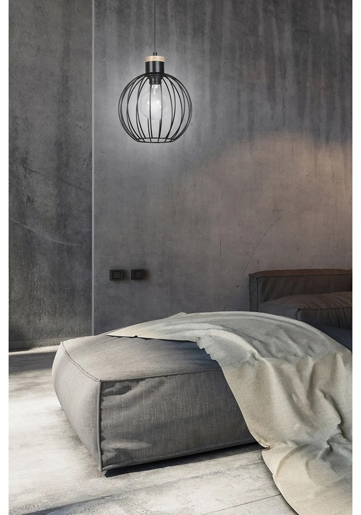 Sospensione 1 Luce Morgana Paralume A Gabbia In Acciaio Nero E Legno Naturale