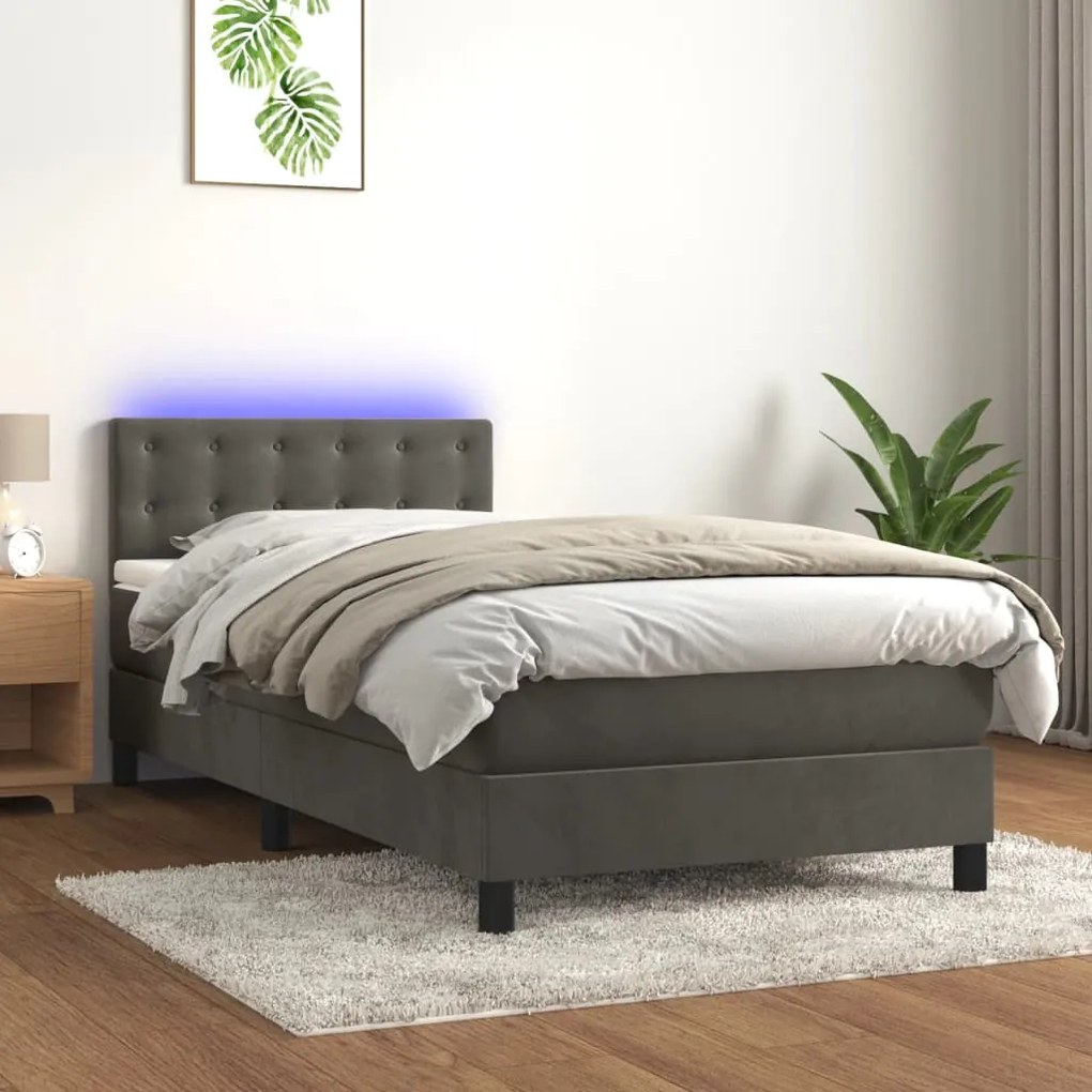 Letto A Molle Con Materasso E Led Grigio Scuro 90x200cm Velluto /