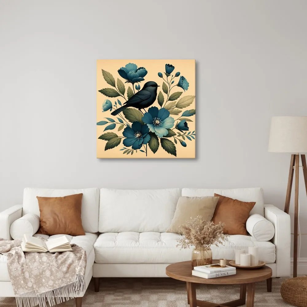 Quadro su tela – Uccellino su ramo con fiori blu