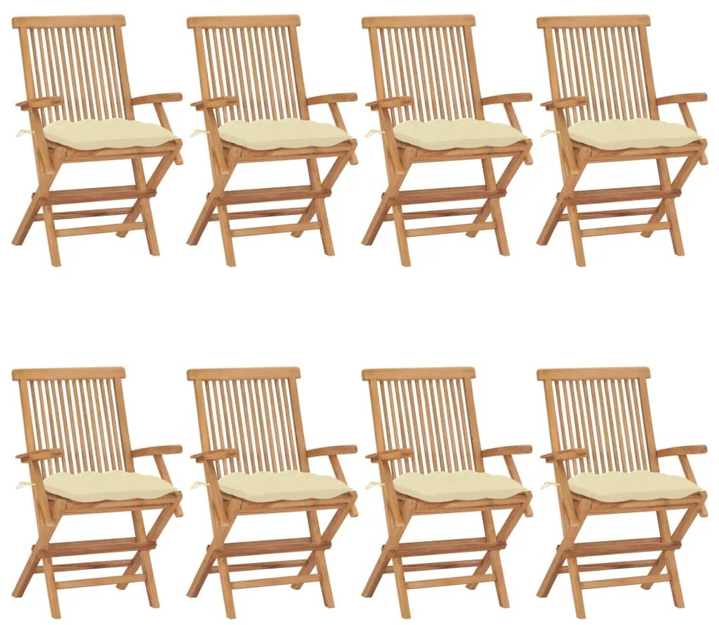 Sedie da giardino e cuscini bianco crema 8 pz massello di teak