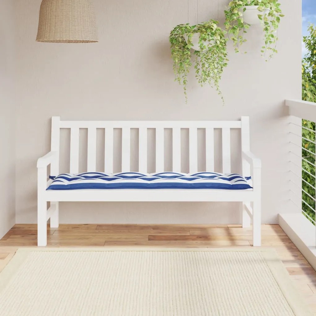Cuscino Per Panca Bianco E Blu 150x50x7 Cm İn Tessuto Oxford /