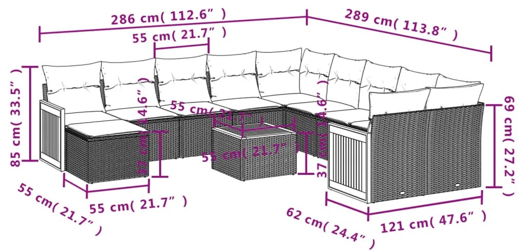 Set divani da giardino 12 pz con cuscini beige in polyrattan