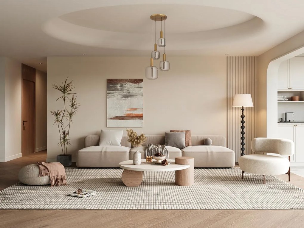 Lampadario 4 sfere L. 48 x H. 140 cm in Metallo e Vetro fumé Dorato e grigio fumé - GALRON