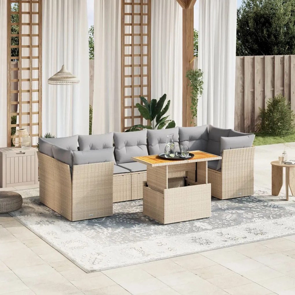 Set divano da giardino 8 pz con cuscini beige in polyrattan