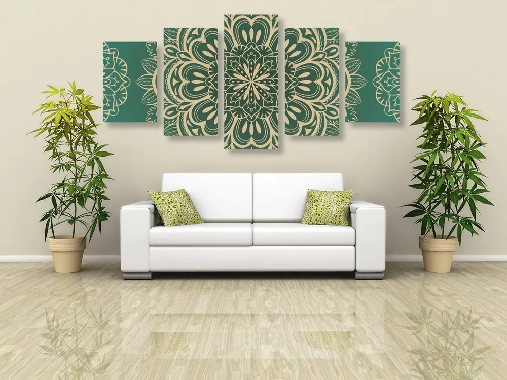 Quadri 5 pezzi – Mandala su sfondo turchese