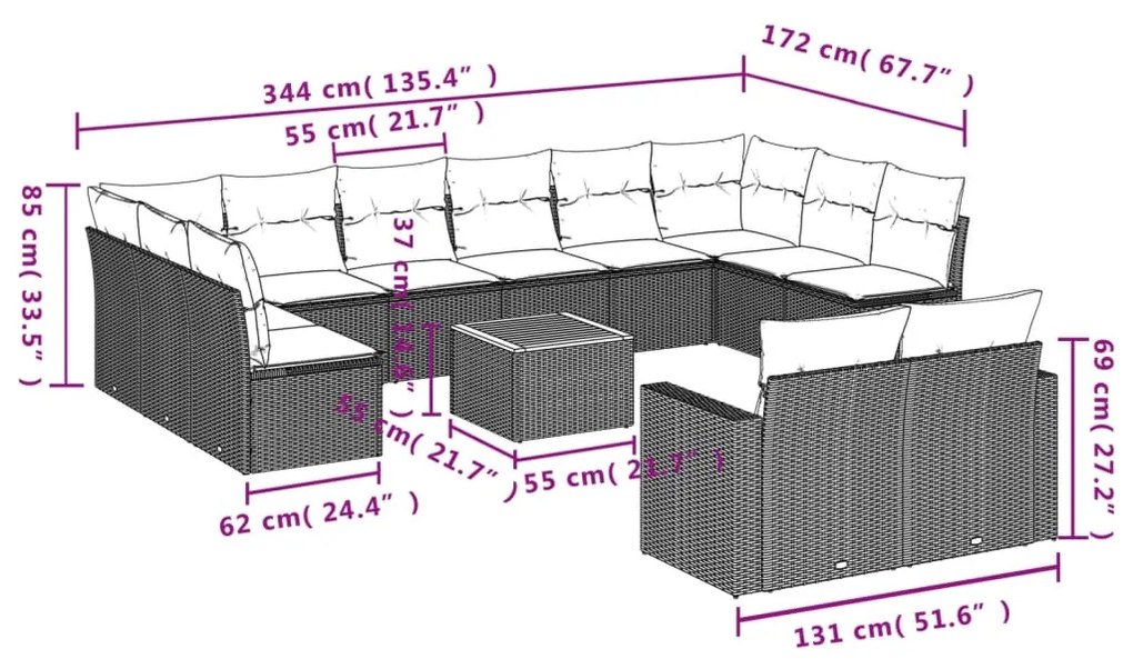 Set divano da giardino 13 pz con cuscini beige in polyrattan