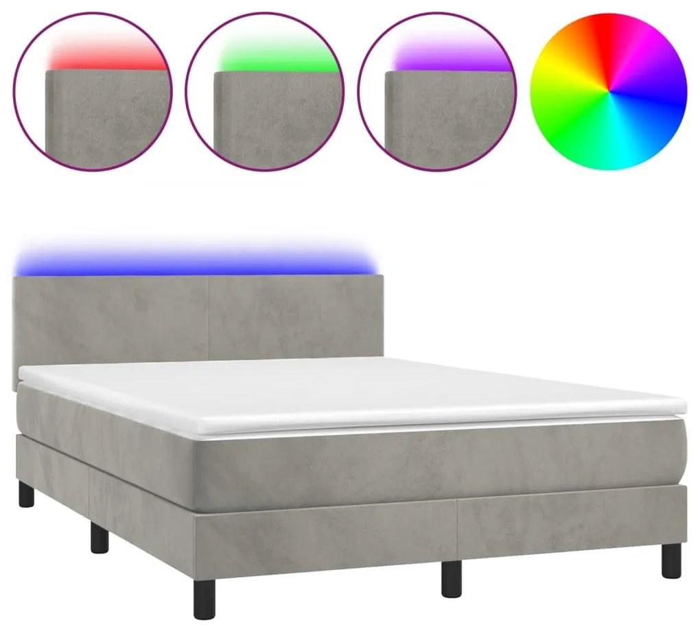 Letto a molle materasso e led grigio chiaro 140x190 cm velluto