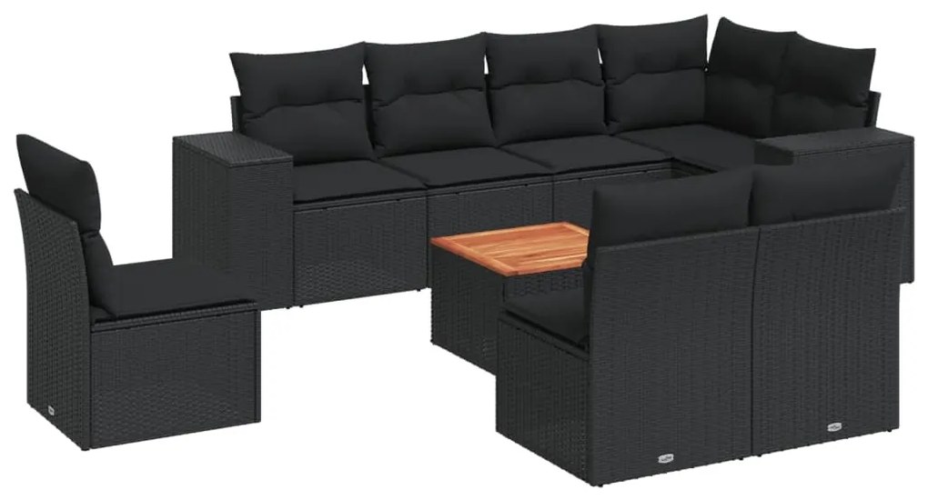 Set divani da giardino 9 pz con cuscini nero in polyrattan