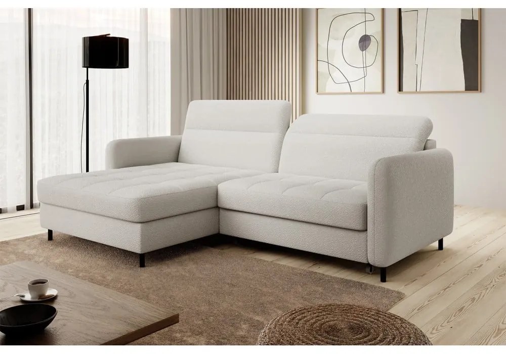 Divano angolare color crema allungabile/con contenitore (con penisola a sinistra/con chaise lounge) e rivestimento in bouclé Gomsi – ELTAP