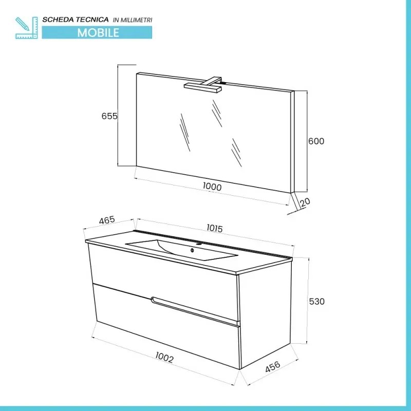 Mobile bagno sospeso 100 bianco lucido con lavabo e specchio LED Eva