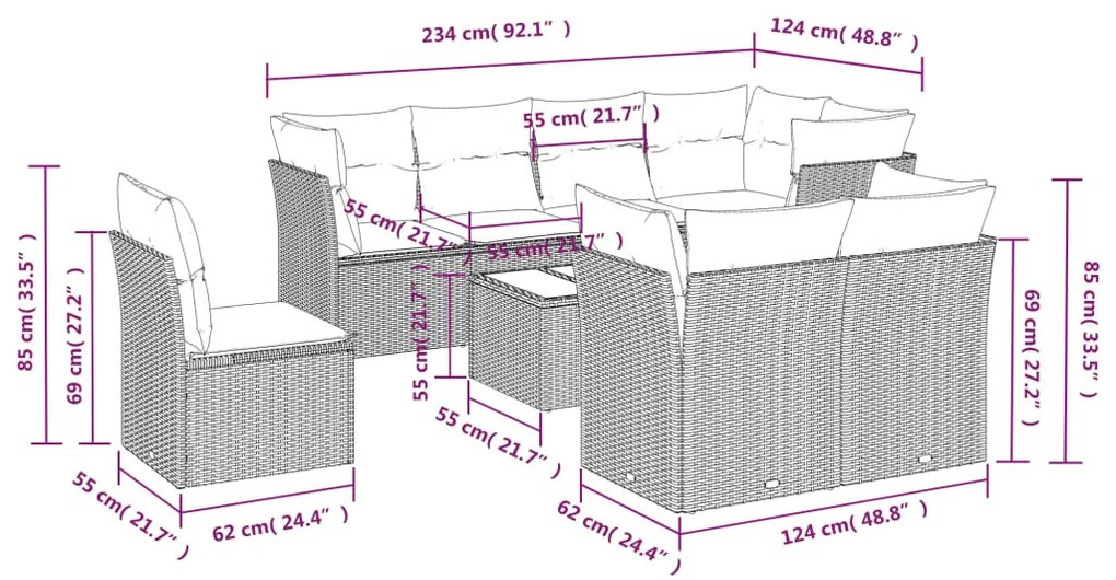 Set divano da giardino 9 pz con cuscini grigio in polyrattan