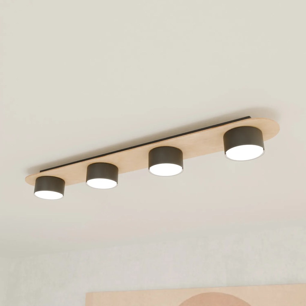Plafoniera 4 Luci Freya In Acciaio Nero E Legno Naturale Diffusore A Cilindro